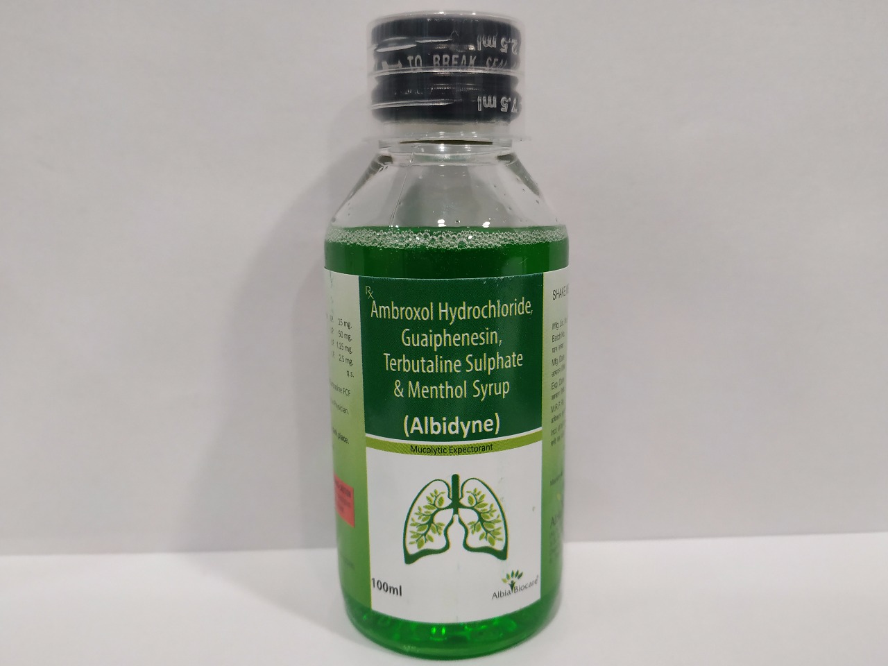 ALBIDYNE Syrup | Ambroxol 15mg + Terbutaline Sulphate 1.25mg + Guiphenesin 50mg + Menthol 2.5mg (per 5 ml)